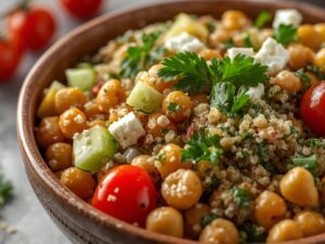 High-protein salad made with chickpeas, quinoa, fresh vegetables, and feta cheese in a ceramic bowl