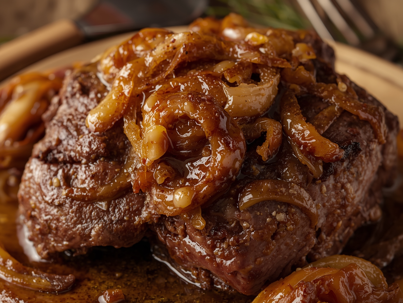 French Onion Pot Roast Close-Up Close-up of French Onion Pot Roast with caramelized onions and beef